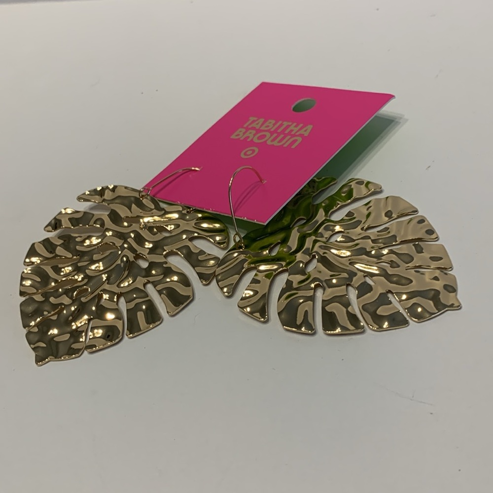 Tabitha Brown Limited Edition Gold Tone Metallic Palm Leaf Drop Earrings - Picture 7 of 11